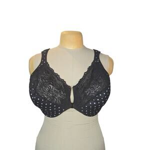 Glamorise Front-Cloure Underwire Bra 44G Black Lace Polka Dot Full Coverage